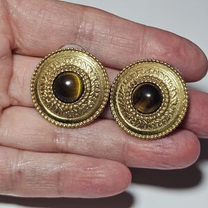 *Sale* Vintage 1928 Gold Tone Round Brown Tiger's Eye Earrings